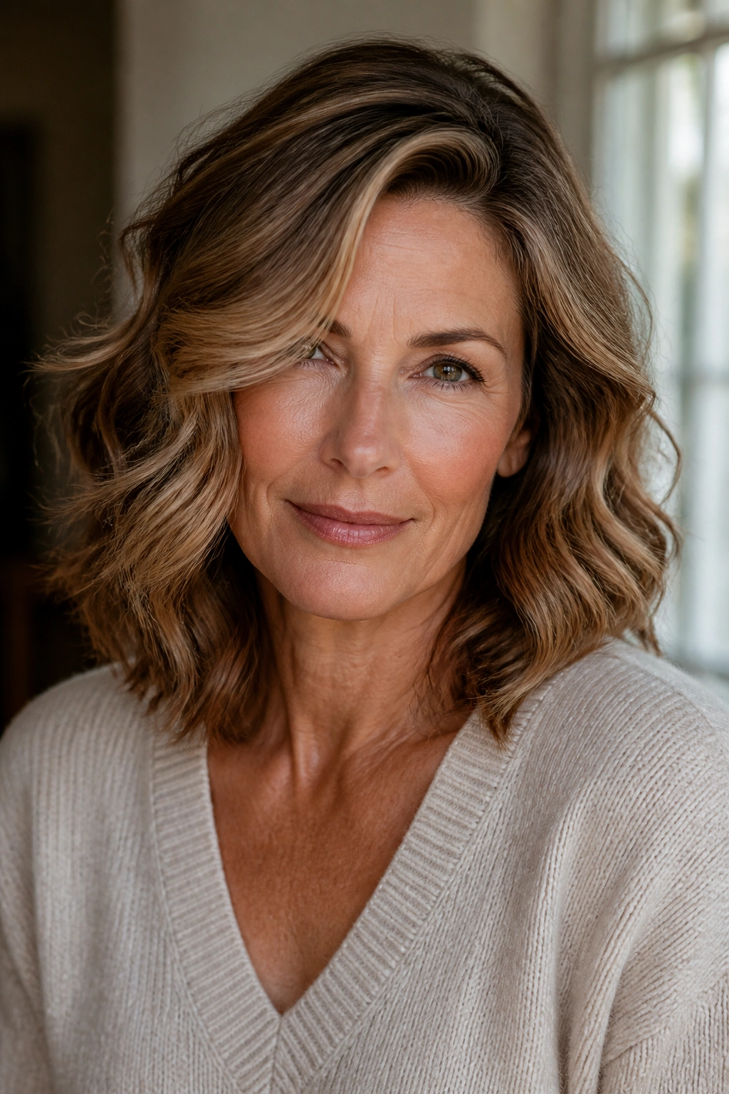 Real woman with deep side part and loose waves