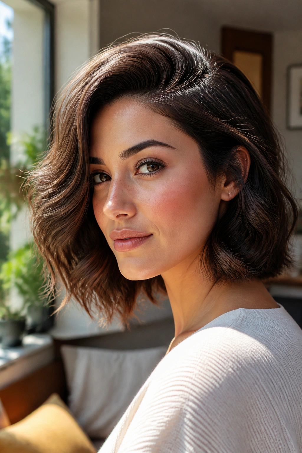 Close-up of a real woman with a deep side-part and cascading waves in warm window light.