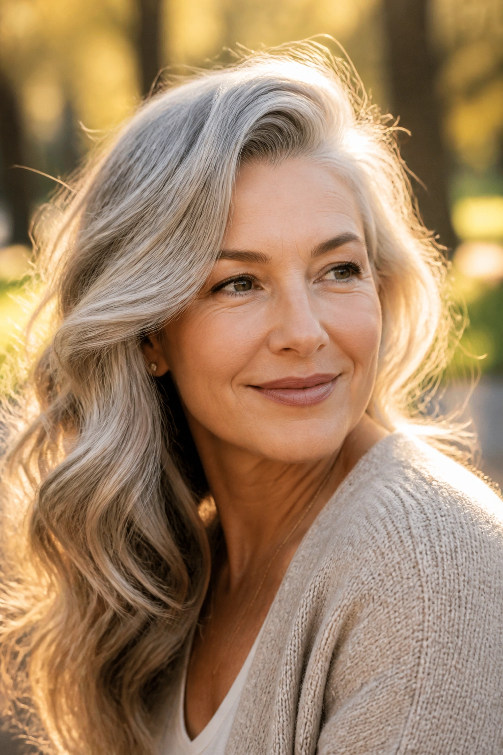 Close-up of real woman with deep side-part waves in golden hour light