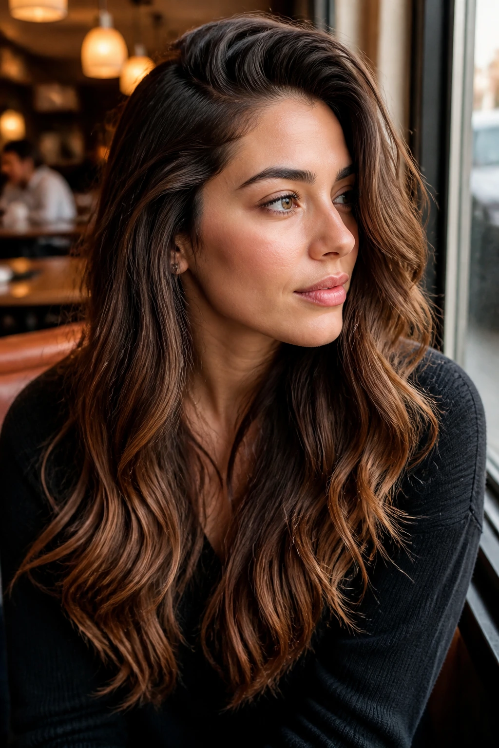 Real woman with a deep side-part and long waves in a sunlit cafe