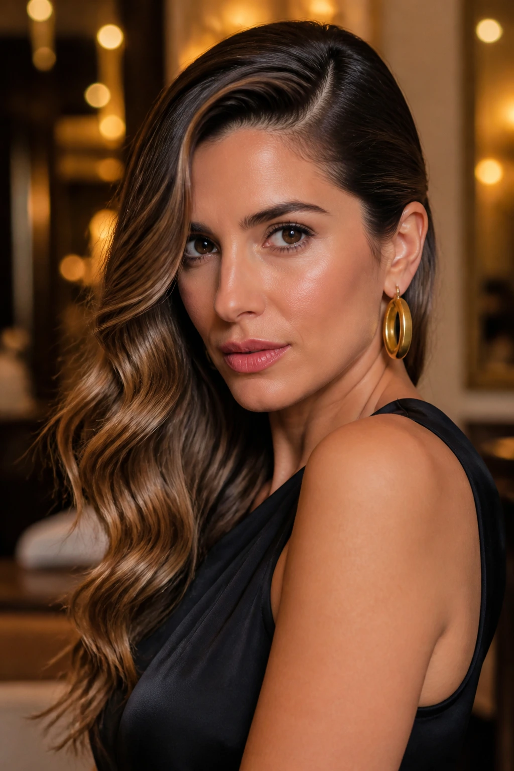 Woman with deep side part and dramatic waves in a chic setting