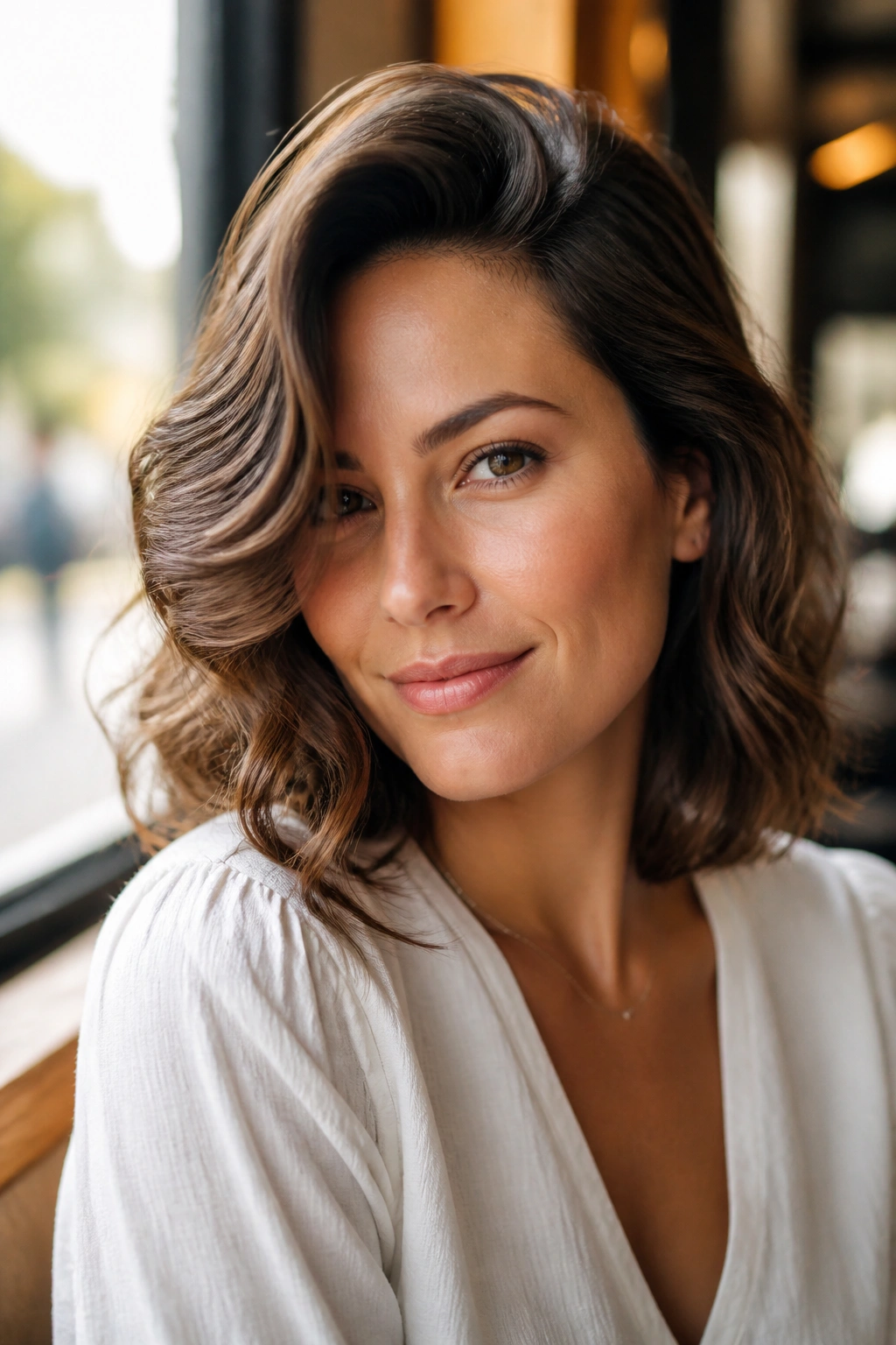 Close-up portrait of a real woman with deep side-part soft waves on shoulder-length hair