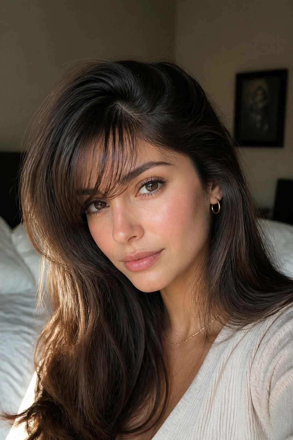 Close-up portrait of a woman with a deep side part and whisper bangs.