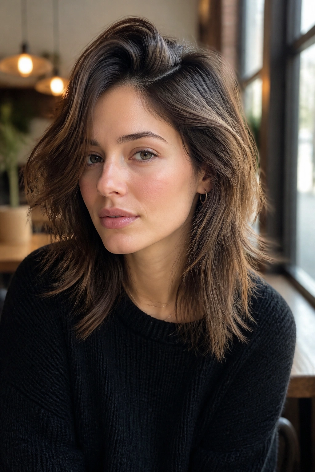 Close-up of real woman with deep side-part wolf cut and face-framing layers