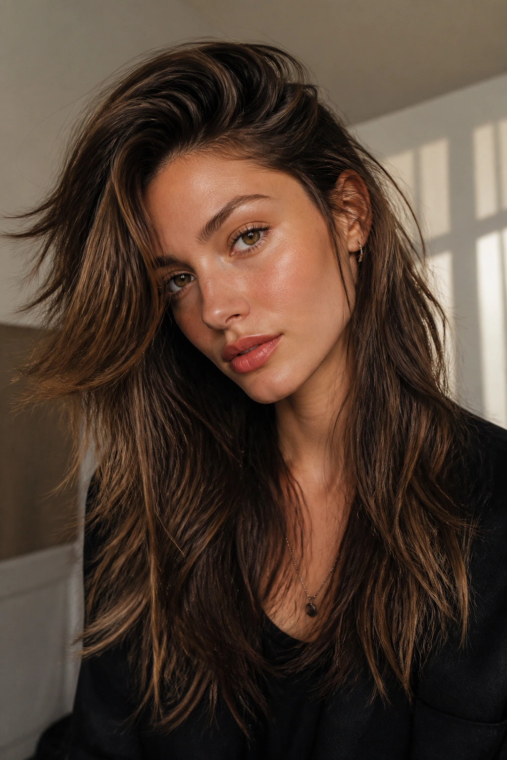 Portrait of a real woman with a deep side-parted long wolf cut.