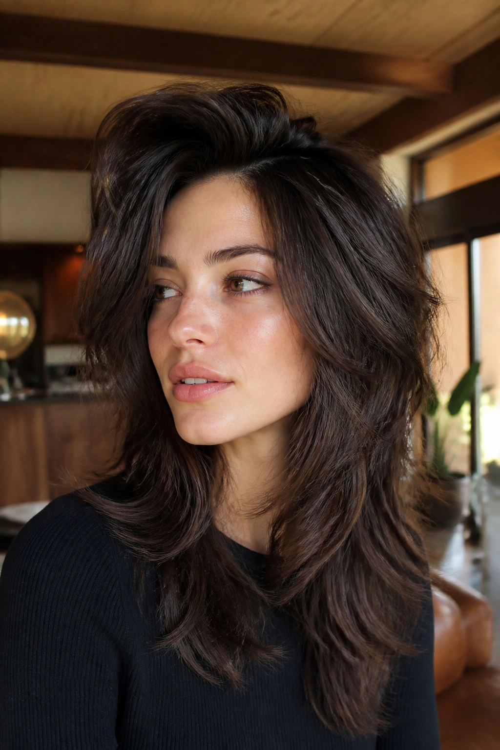 Close-up of a real person with a deep side-part wolf cut and lifted crown.