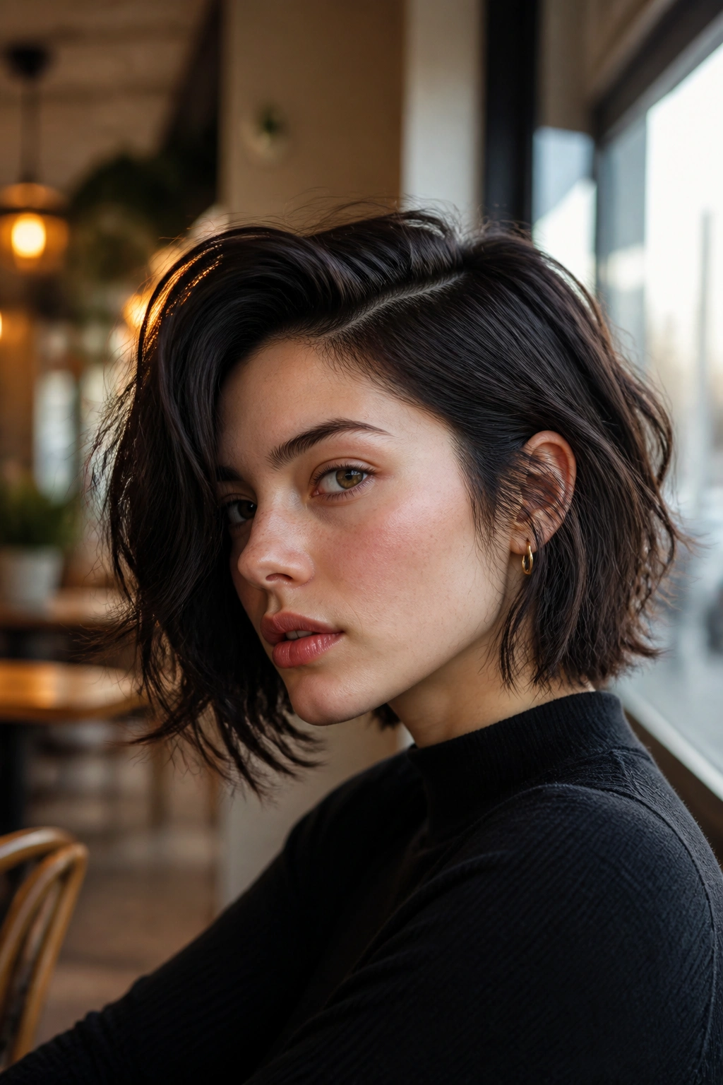 Close-up of a real person with a deep side-part wolf cut in a stylish cafe setting