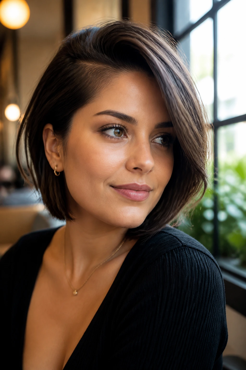 Close-up of a woman with a deep side-parted bob in a cafe setting