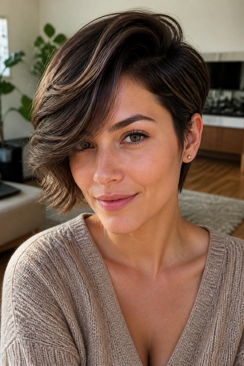 Close-up of a deep side-parted fringe on a real person