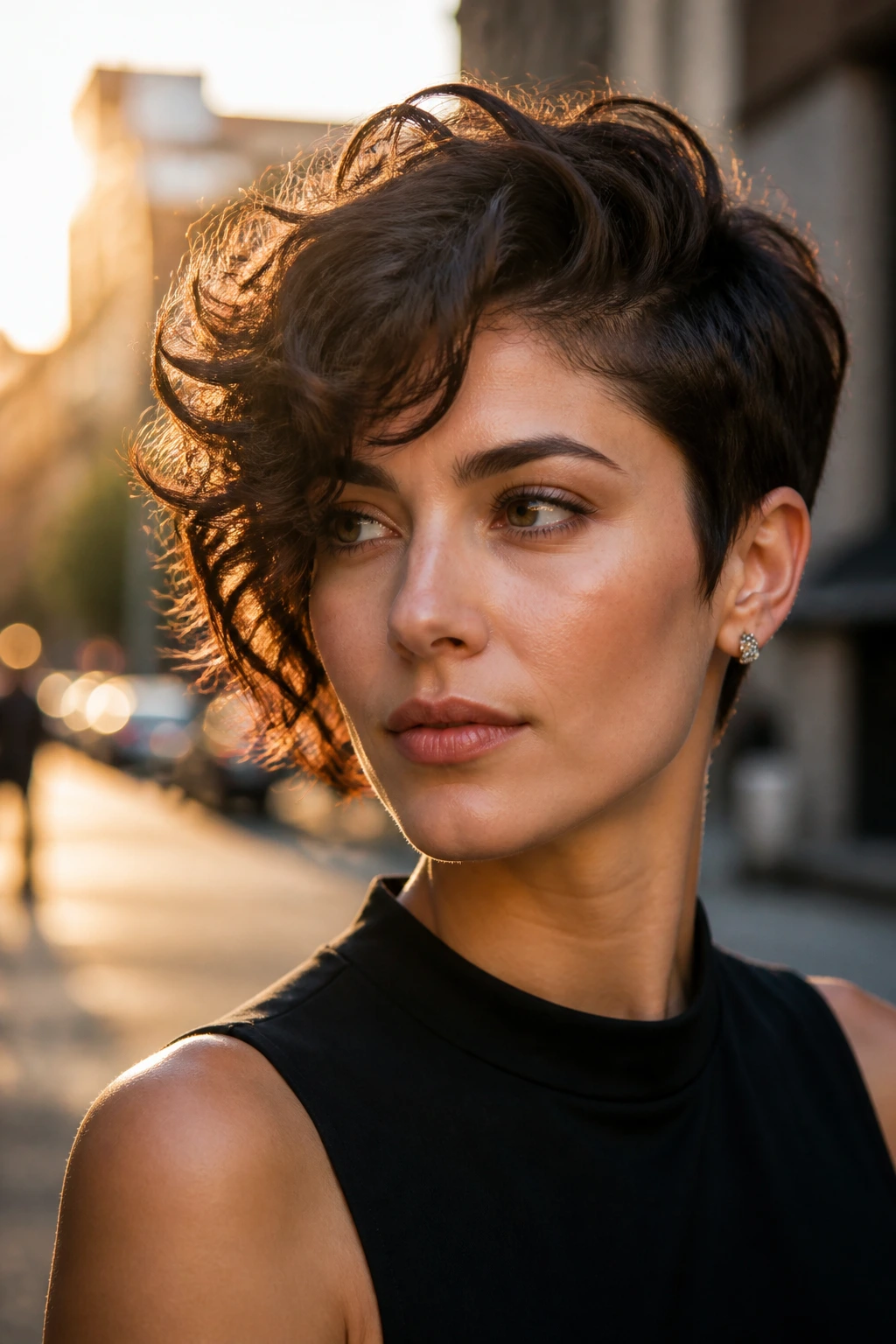 Real woman with deep side-parted pixie on city street at golden hour