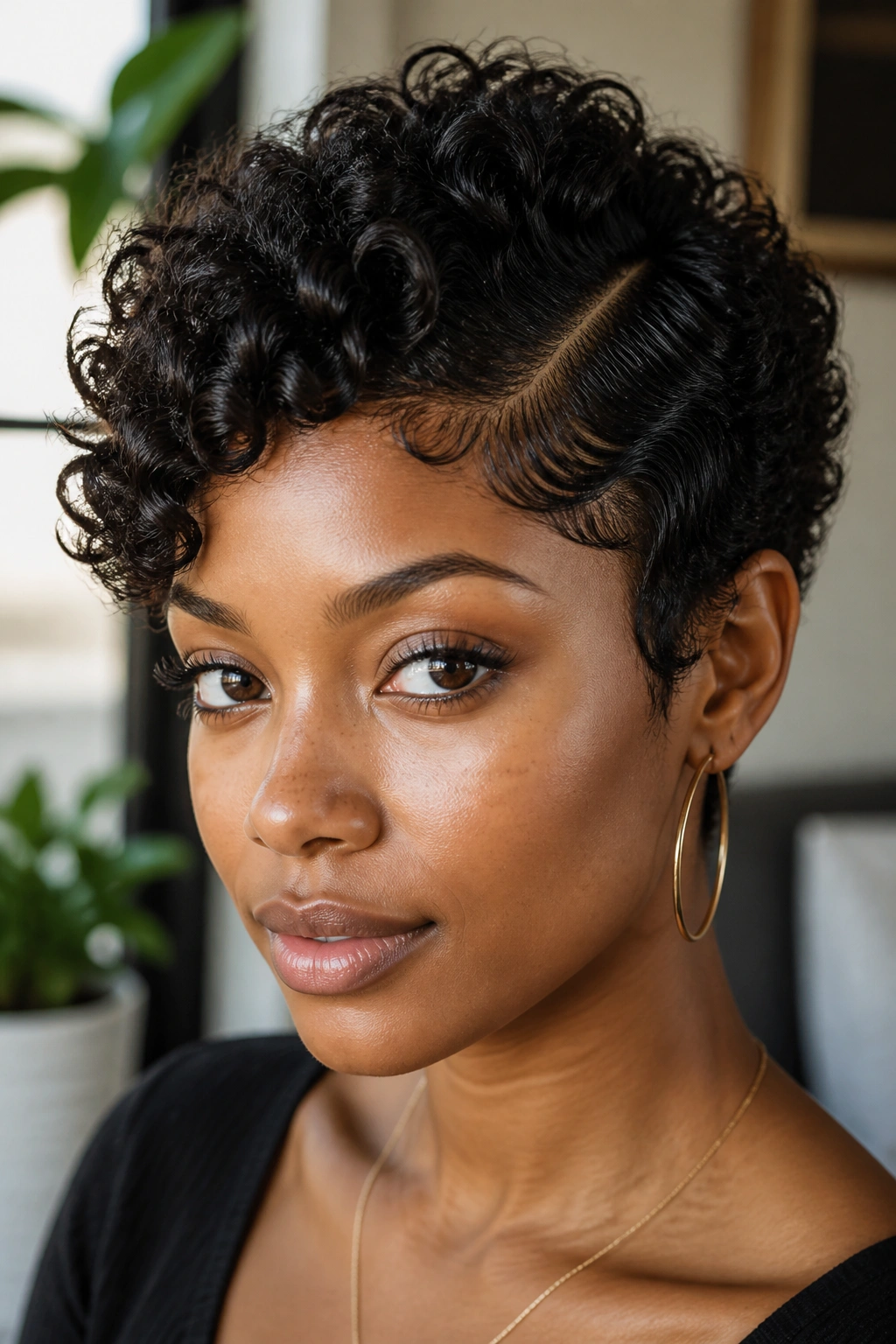 Close-up portrait of a Black woman with a deep side part curly pixie