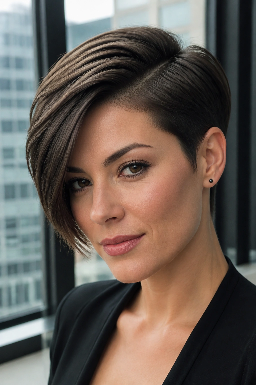 Close-up portrait of a real woman with a sleek long pixie and deep side part