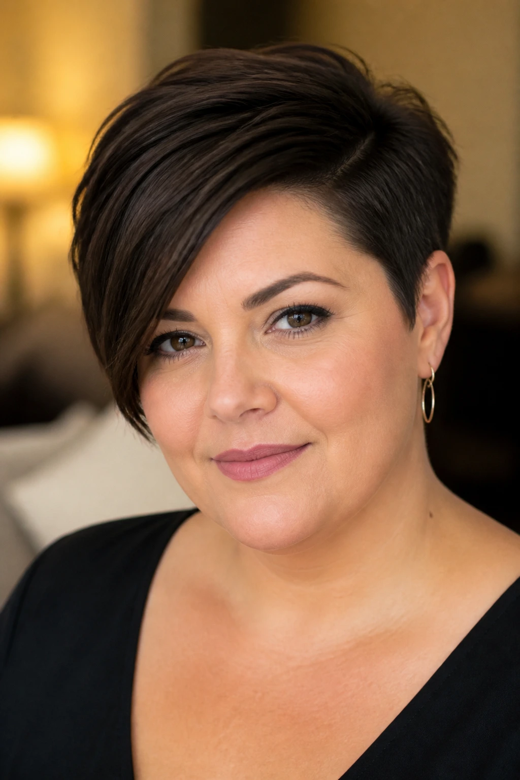 Portrait of a woman with a deep side-parted pixie cut