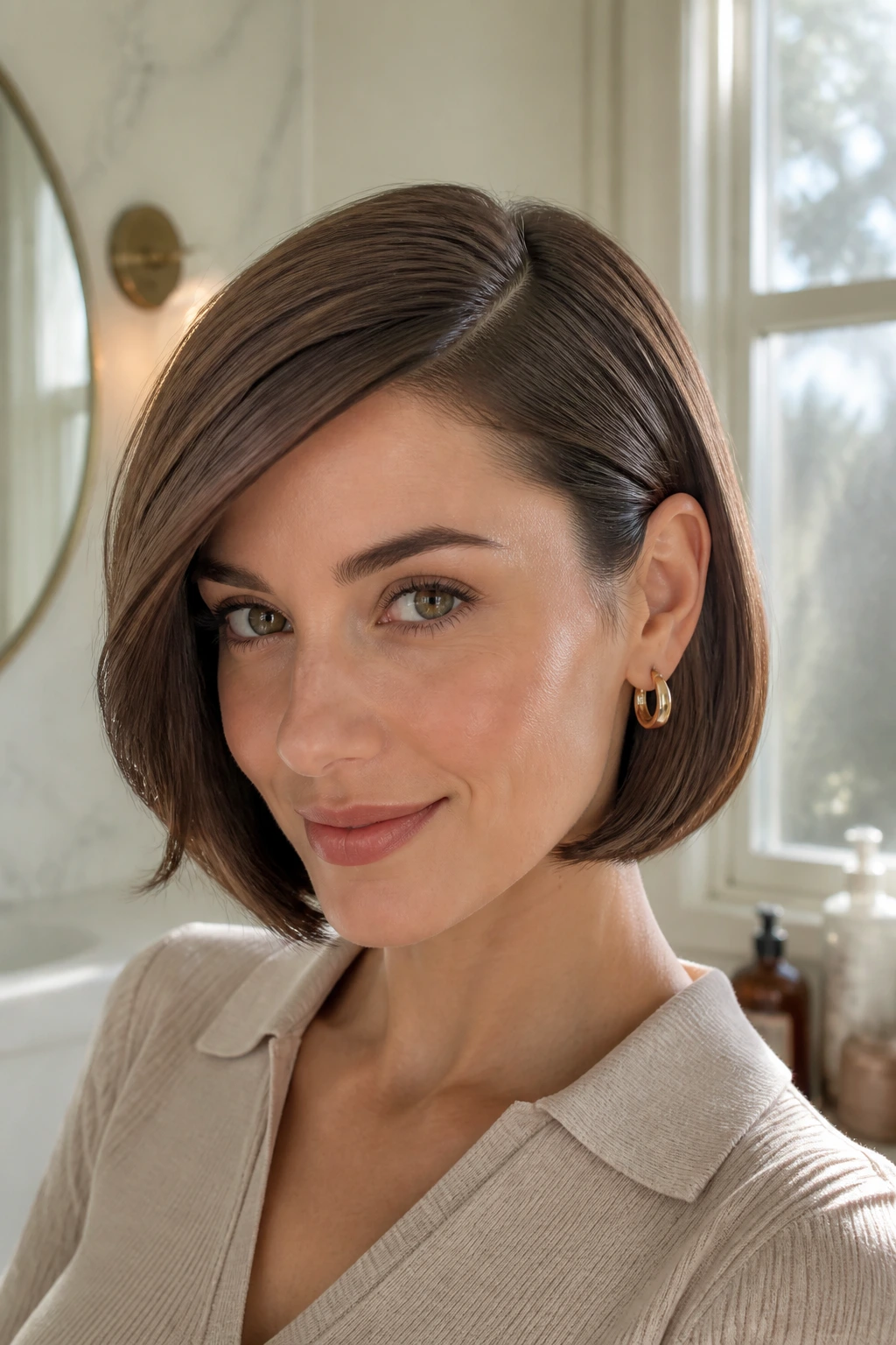 Close-up of a real person with a blunt bob and a deep side part sweeping across the forehead and tucked behind the ear