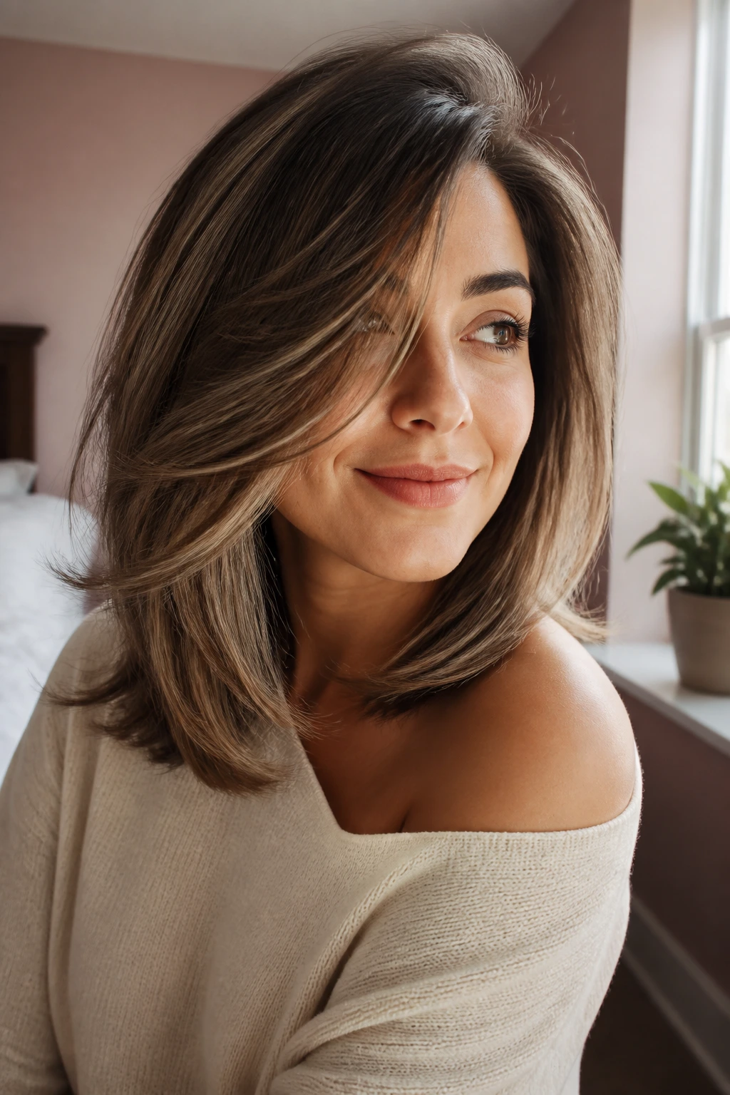Close-up portrait of a real woman with deep side-sweep layers and a dramatic, lifted side