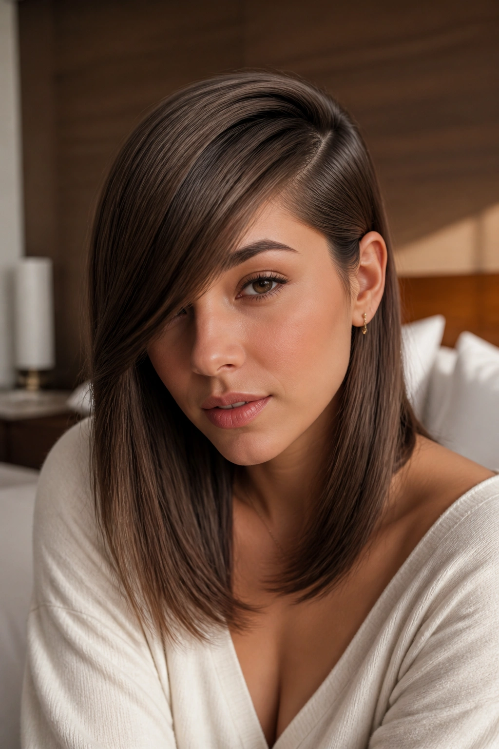 Close-up of a real woman with a deep side sweep hairstyle