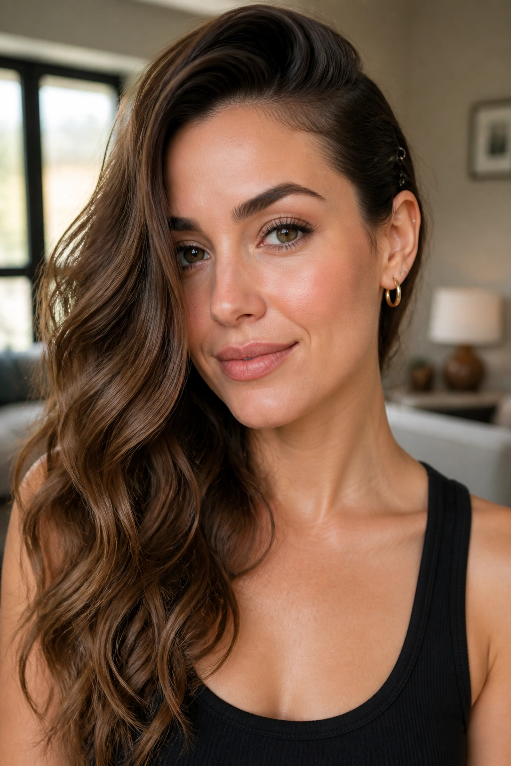 Real woman with deep side-swept hair tucked behind ear, showing waves.
