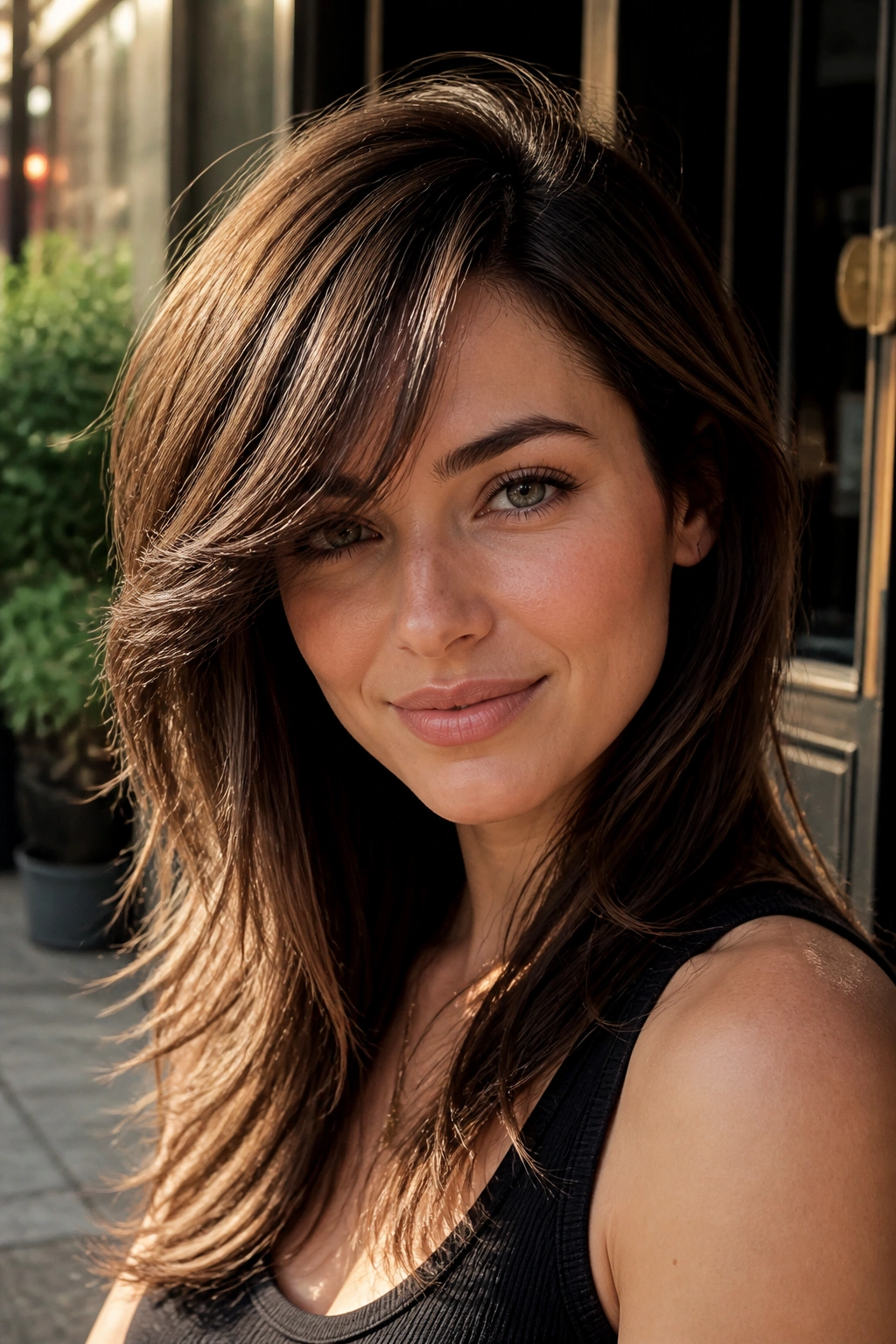 Close-up portrait of a real woman with deep side-swept bangs.