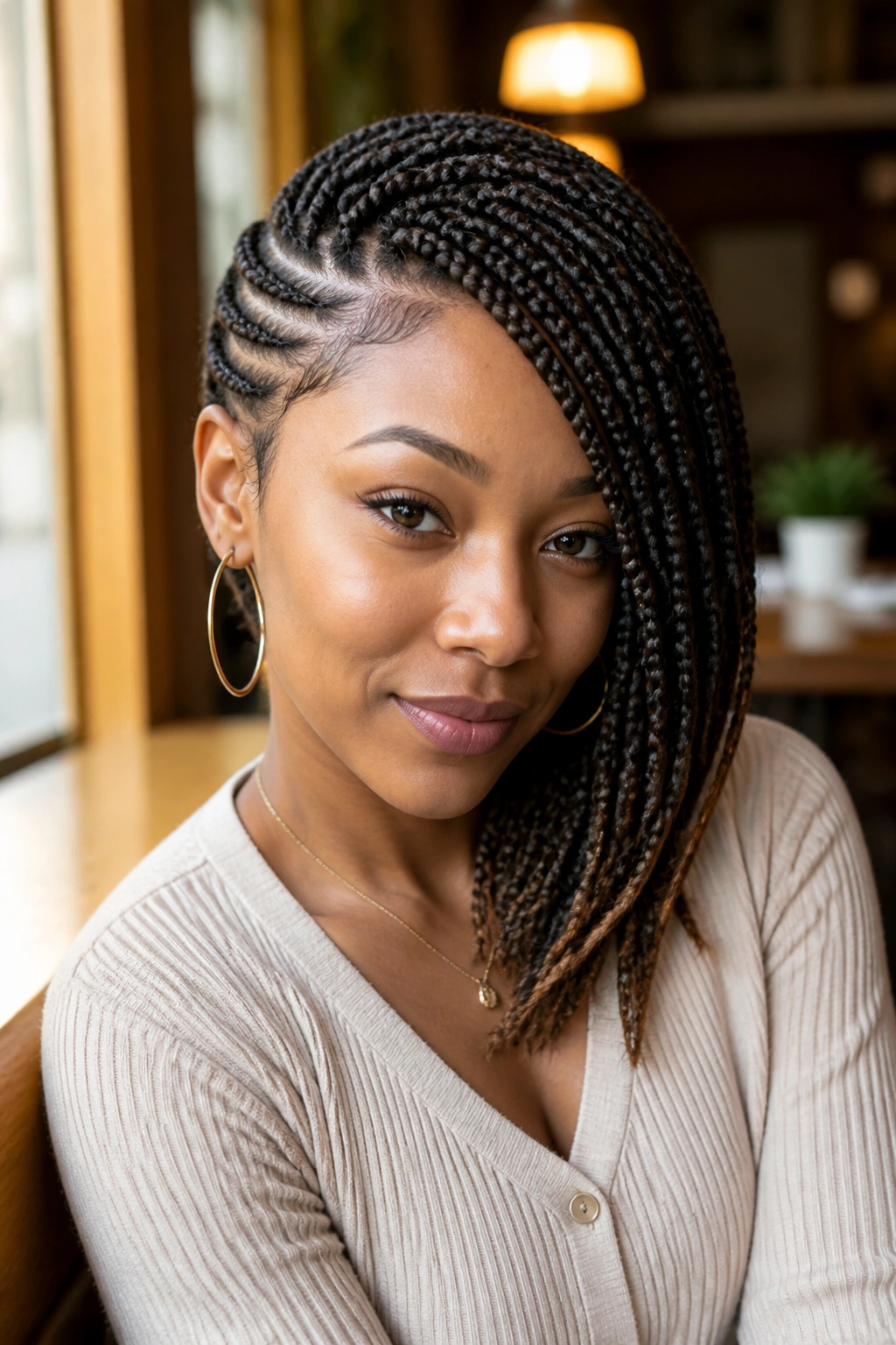 Portrait of a real woman wearing deep side-swept braids across her forehead.