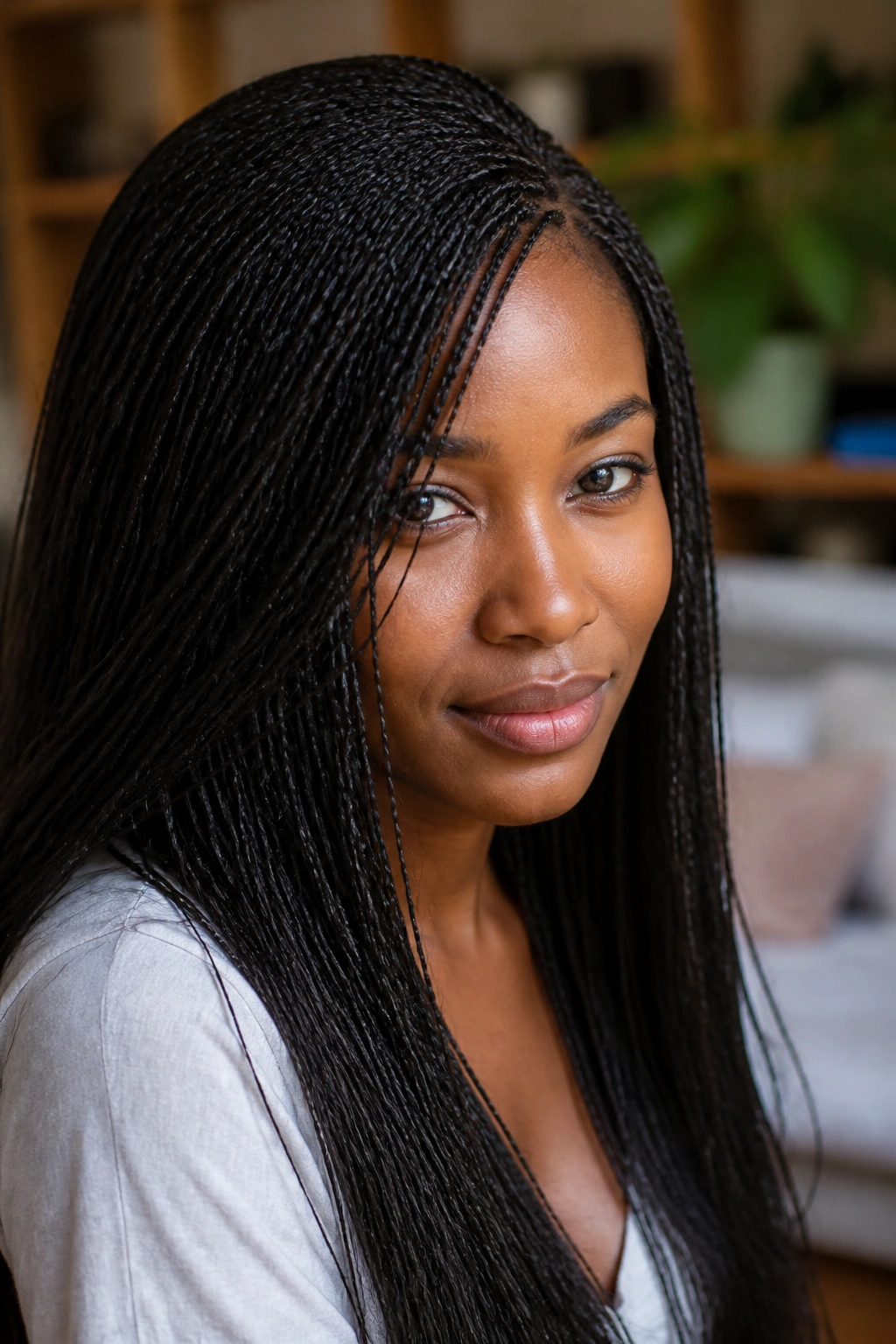 Close-up of deep side-swept micro braids framing the face on a real person