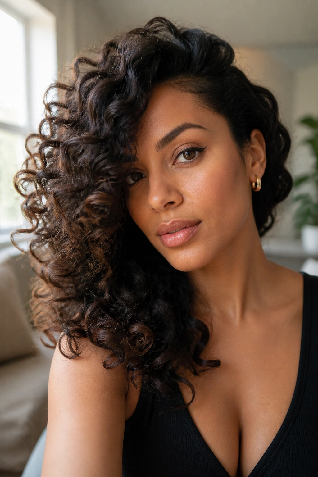 Close-up of a real person with deep side-swept curls highlighting cheekbone