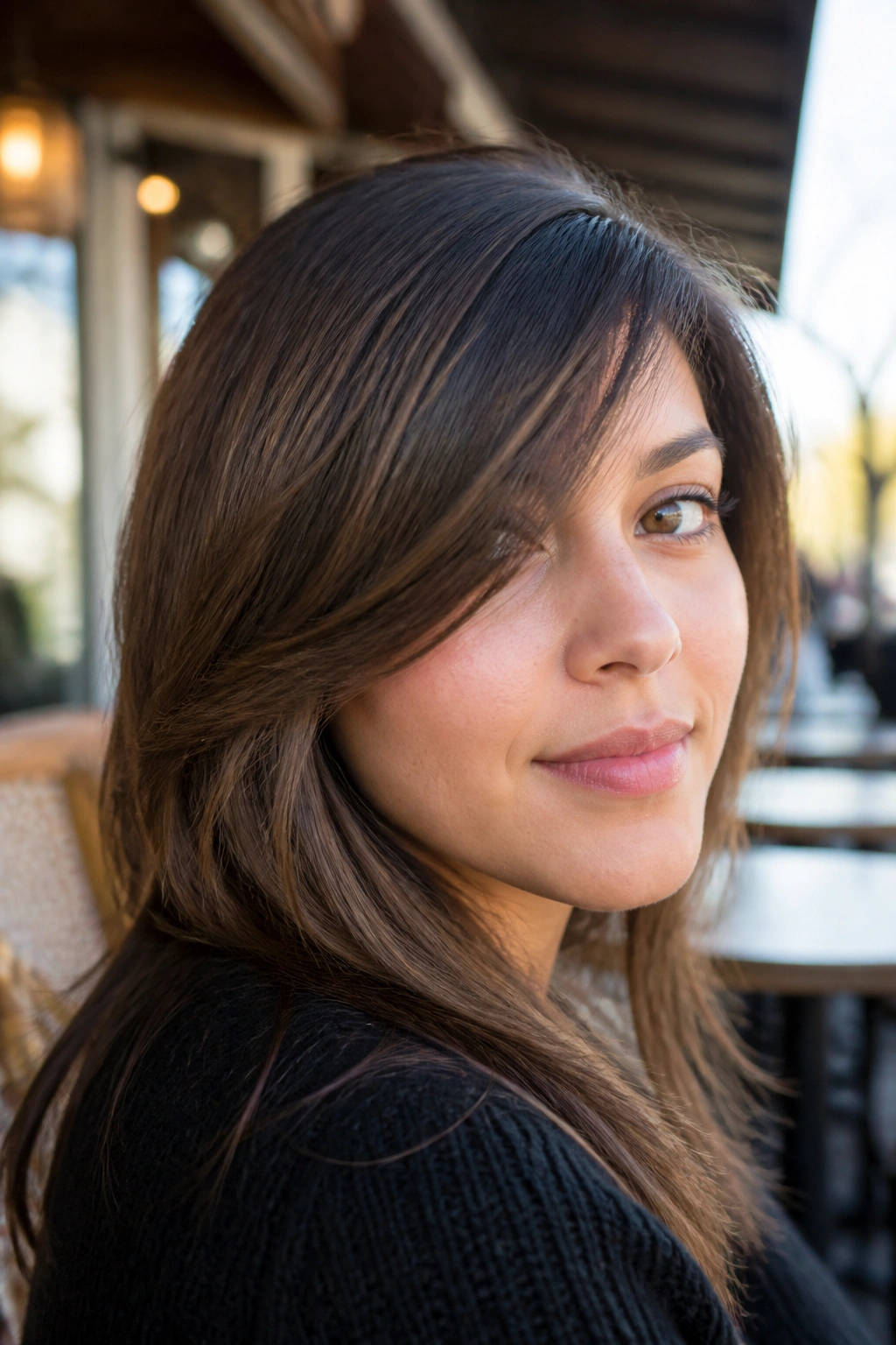 Real person with a deep side-swept fringe sweeping diagonally across the face in daylight