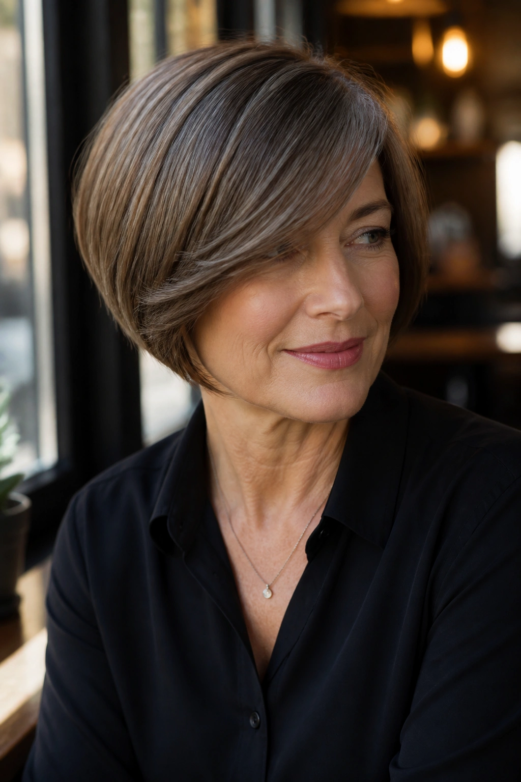 Portrait of a woman with a deep side swept fringe bob across the forehead.