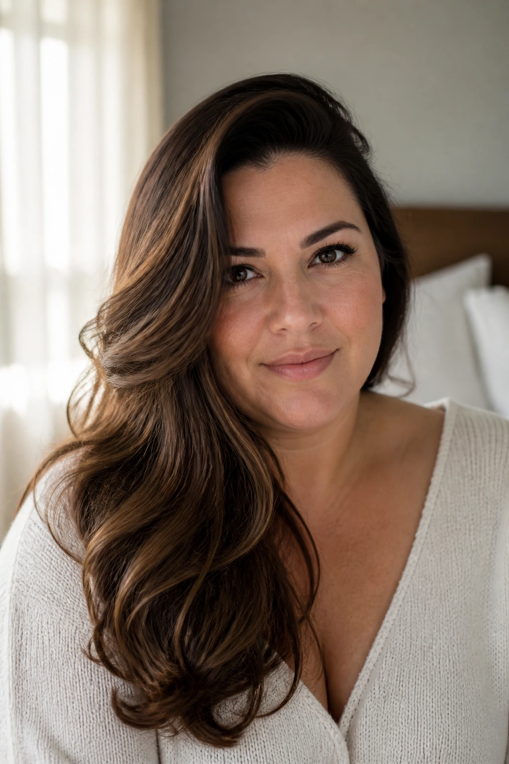 Real woman with deep side-swept long hair in warm bedroom light.