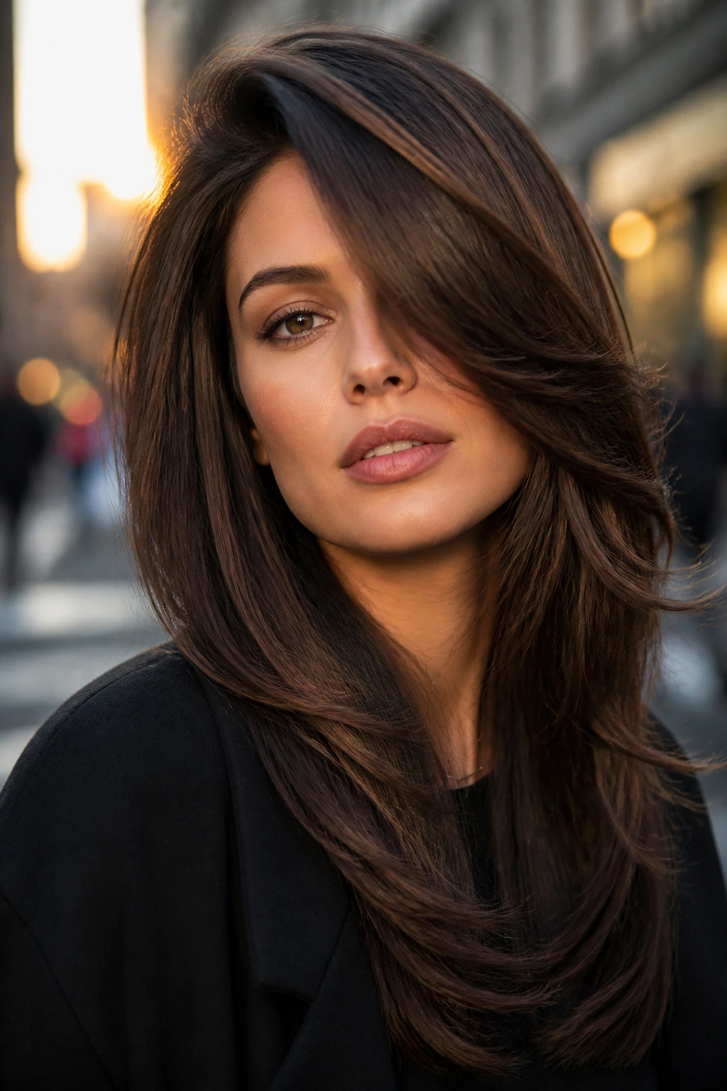 Close-up of a real woman with deep side-swept layers