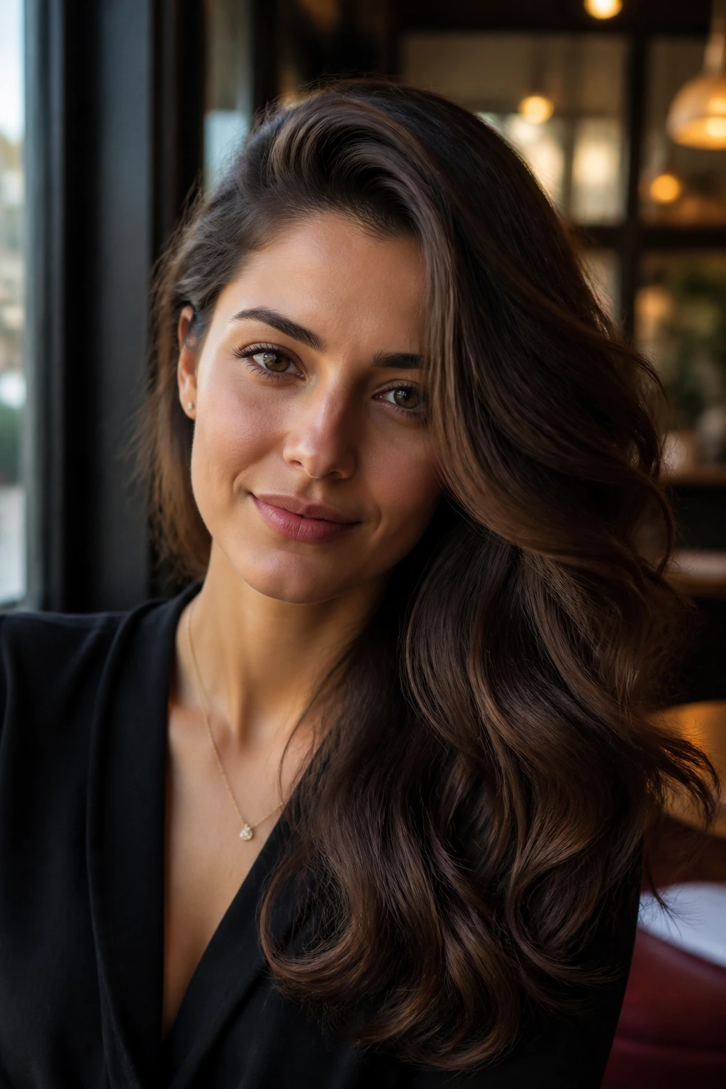 Close-up of a real woman with deep side-swept waves over one shoulder.