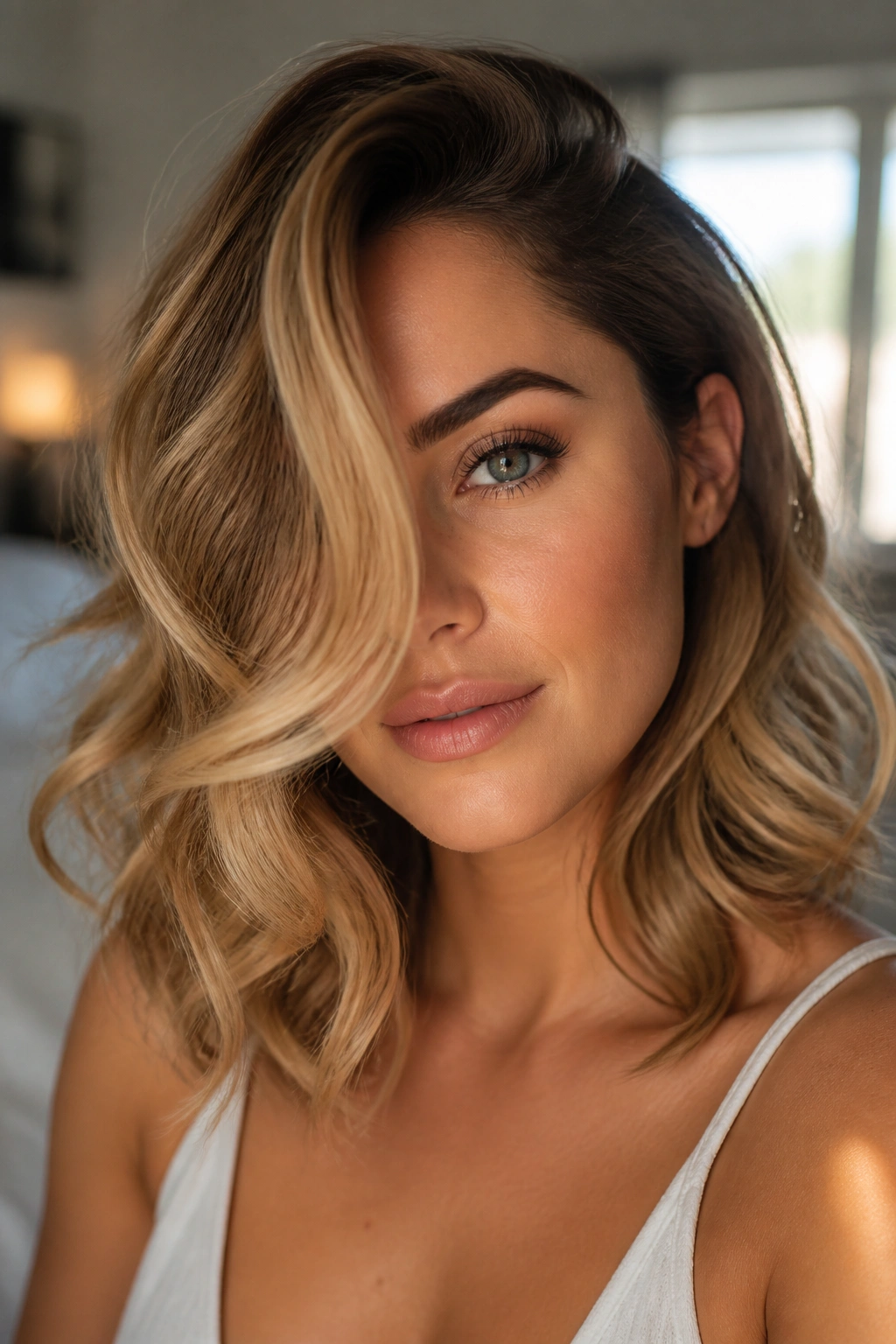 Close-up of a woman with deep side-swept waves and a dramatic side part in natural window light.
