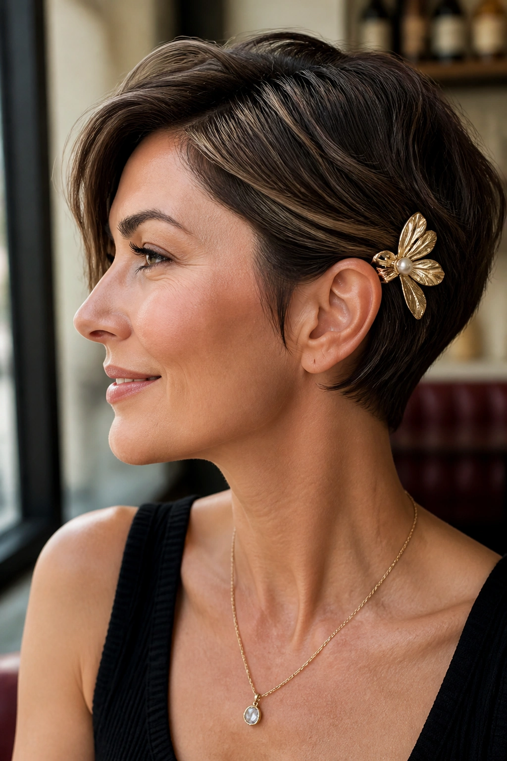 Profile of a real woman with a deep side tuck secured by a bold clip.