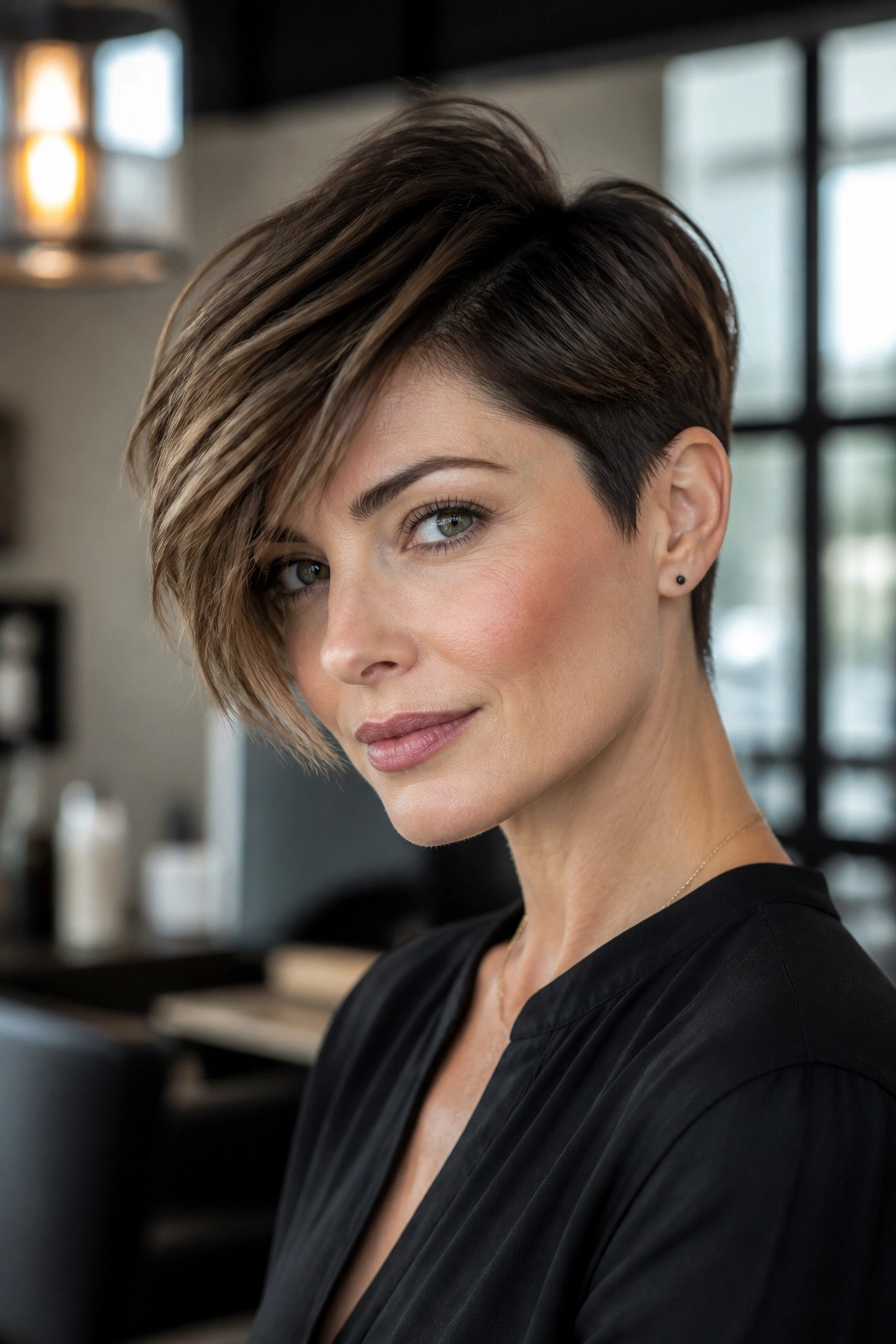 Portrait of a woman with a deep side-part long bang pixie in a bright salon setting