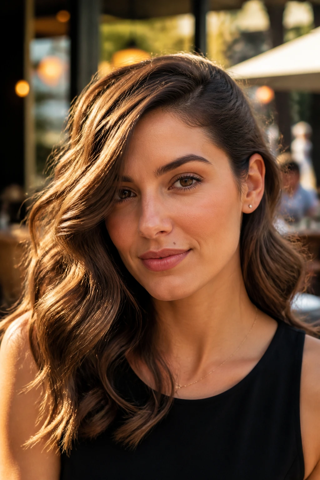Portrait of a woman with deep side-part waves and irregular curls in golden hour light
