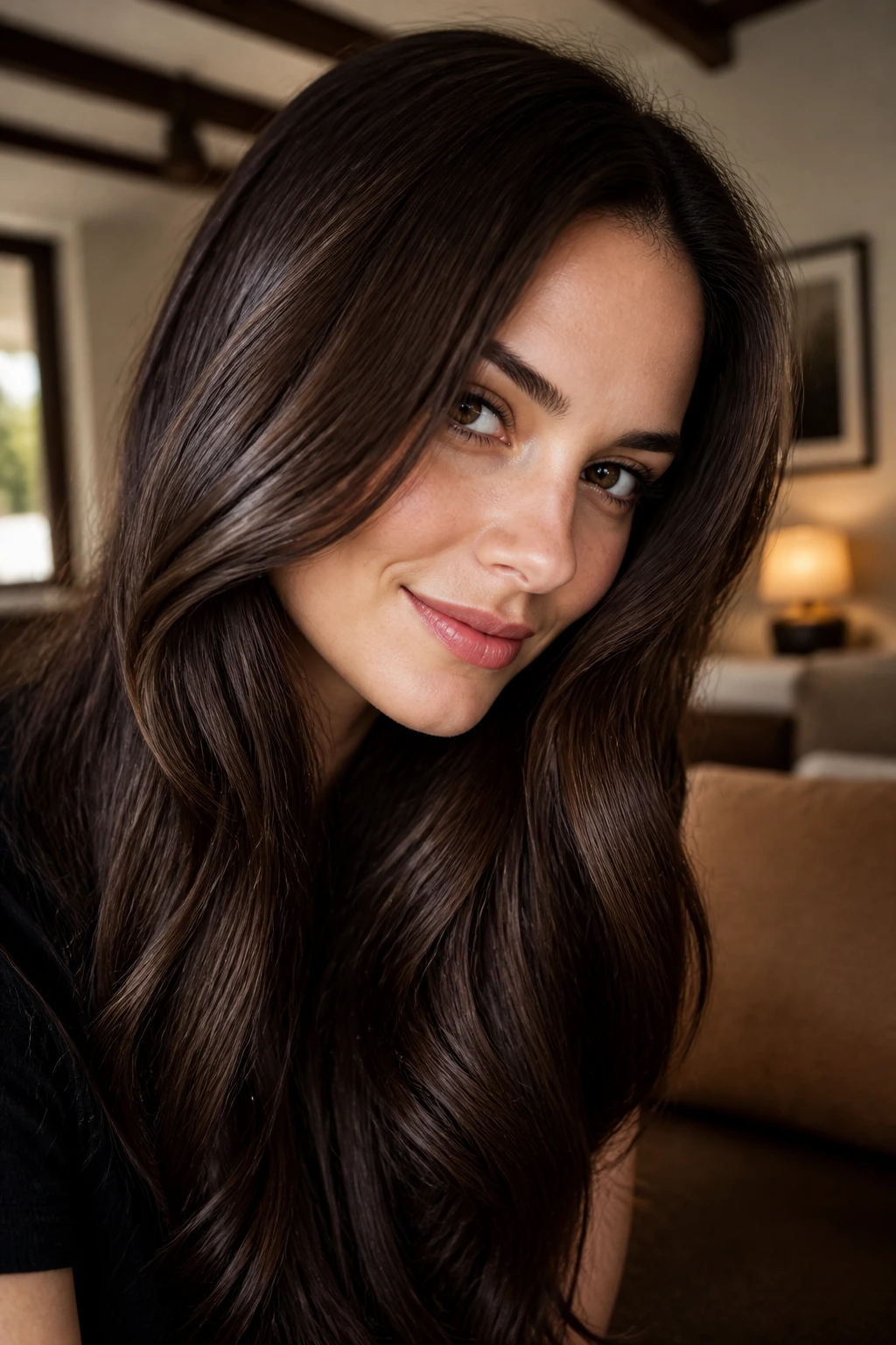 Portrait of a woman with deep walnut gloss on brown hair showing rich depth and shine