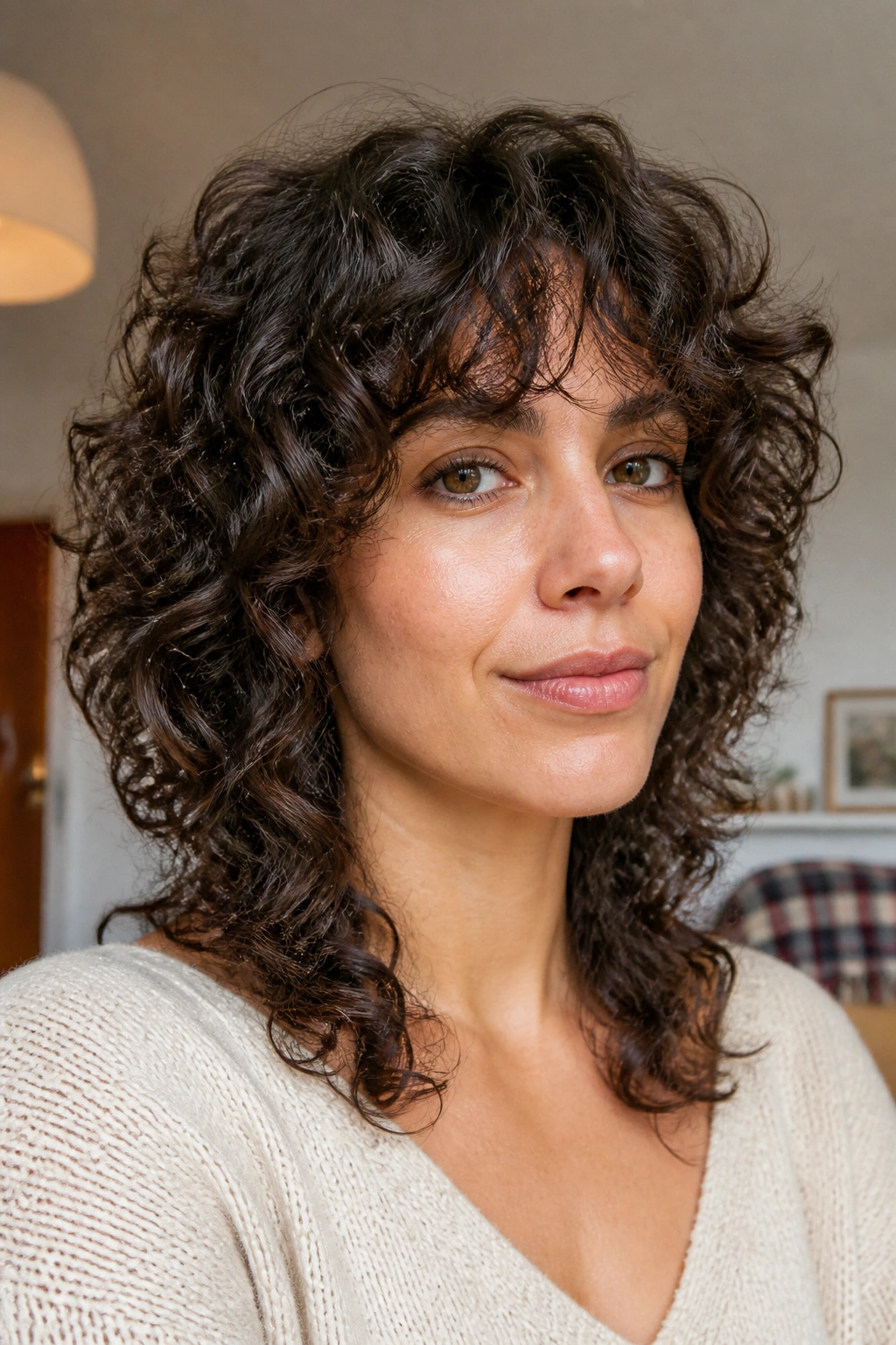 Close-up portrait of a woman with deeper layers in fine curls, showing lift without bulk