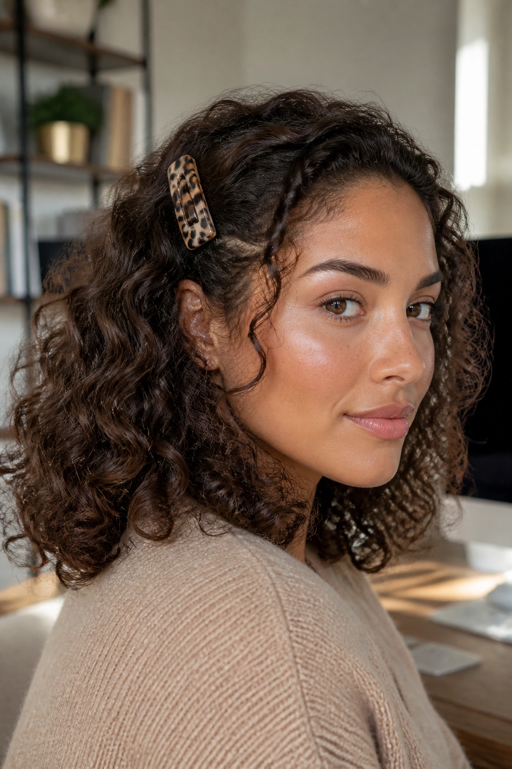 Close-up of defined curls with a single statement clip in a work-appropriate setting.