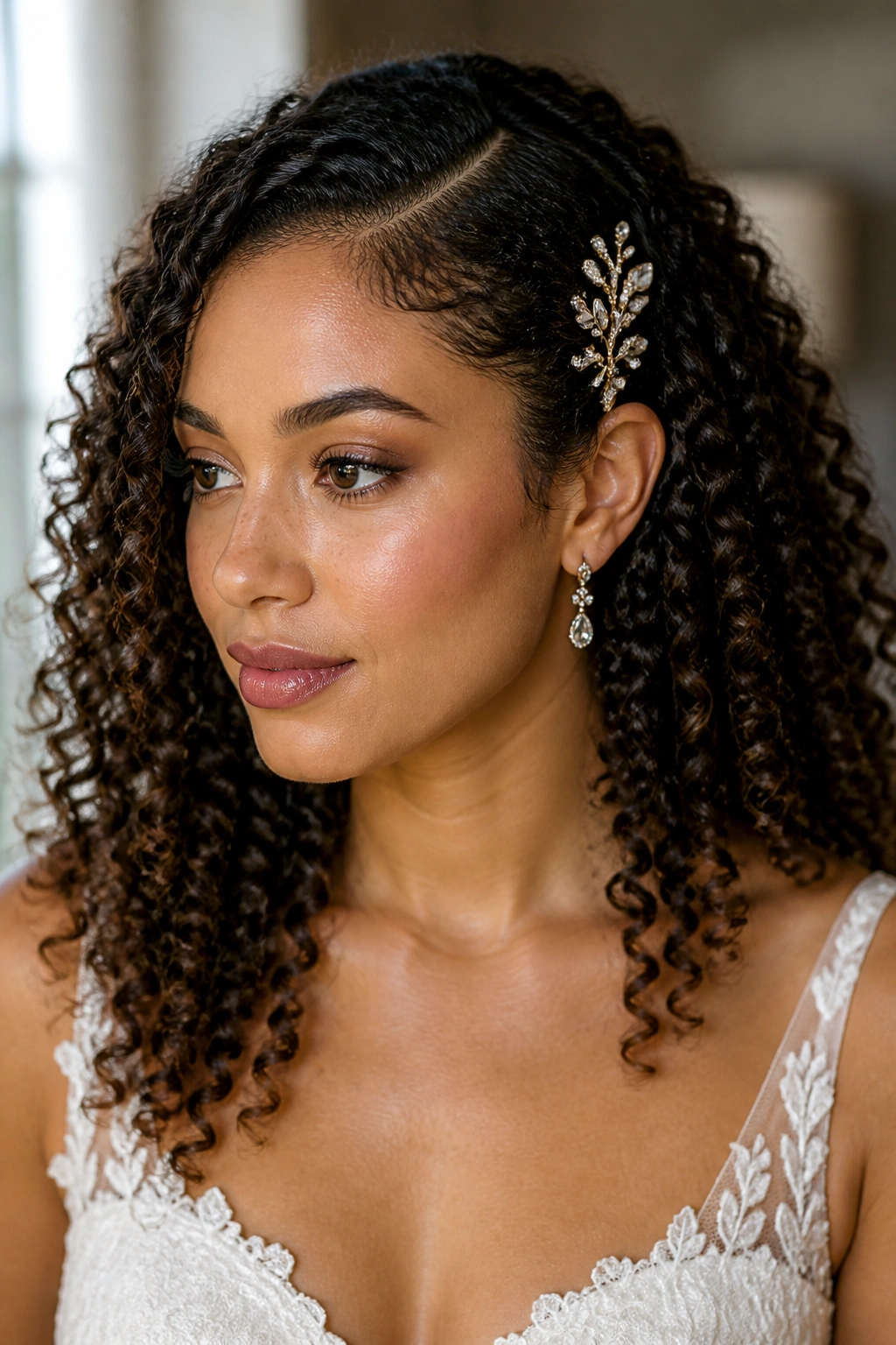 Close-up of a bride with defined natural curls and a jeweled comb