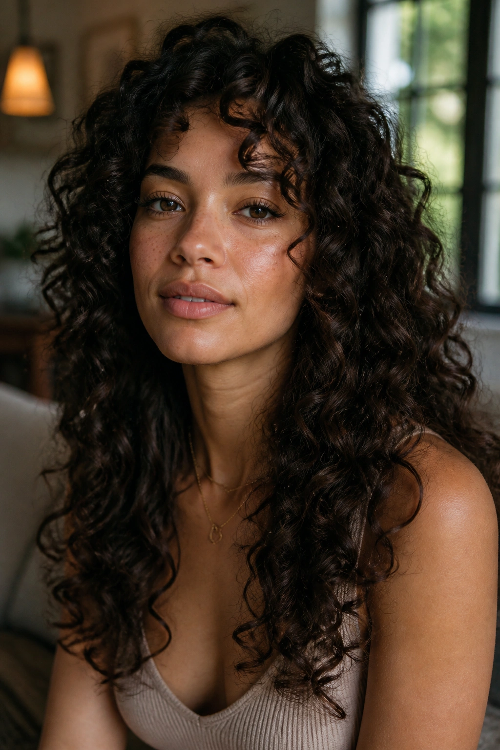 Close-up of a real woman with defined natural curls and layered ends in long thick hair under soft window light