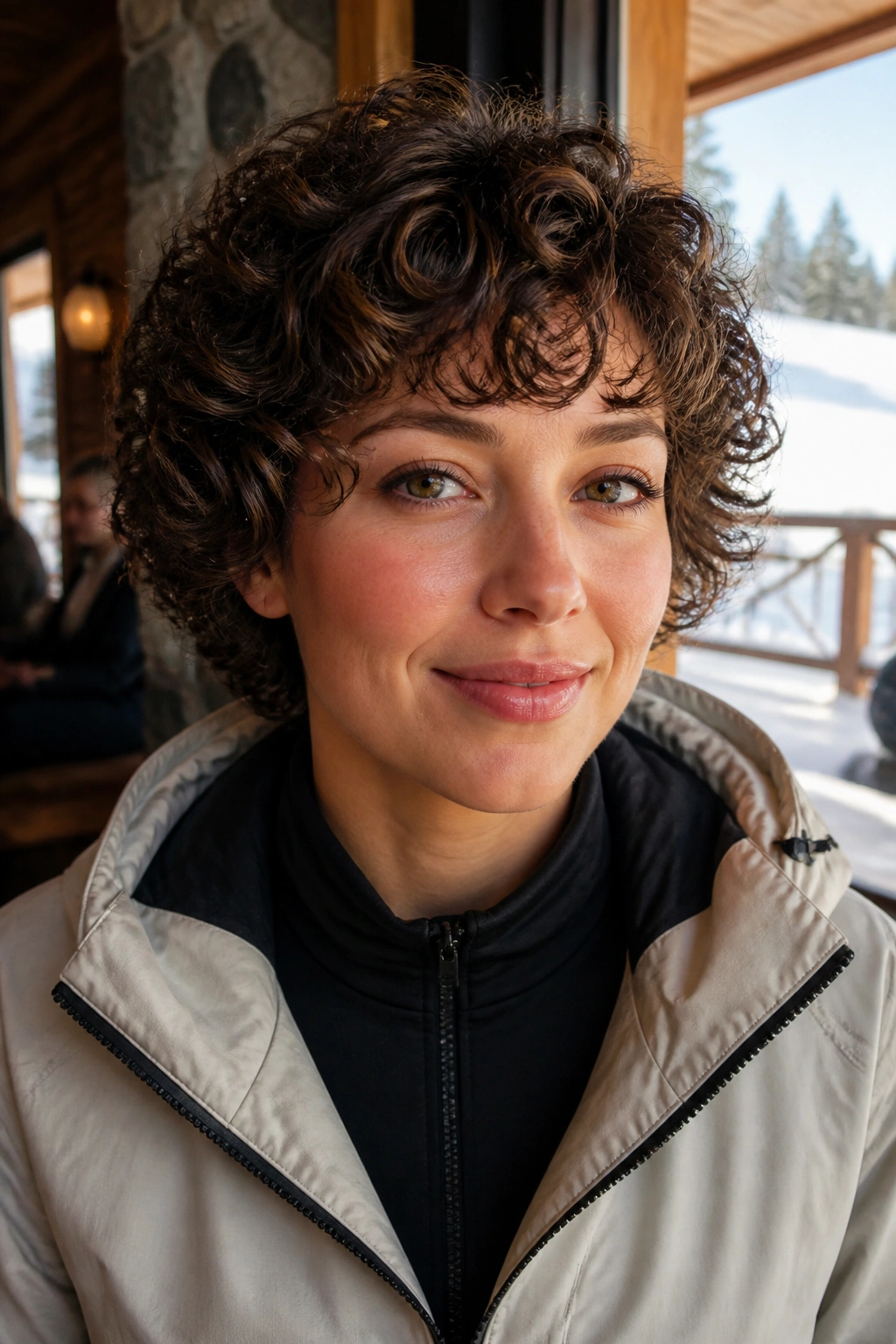 Close-up of short defined curls with leave-in and scrunch on a real person in a cozy ski-lodge setting