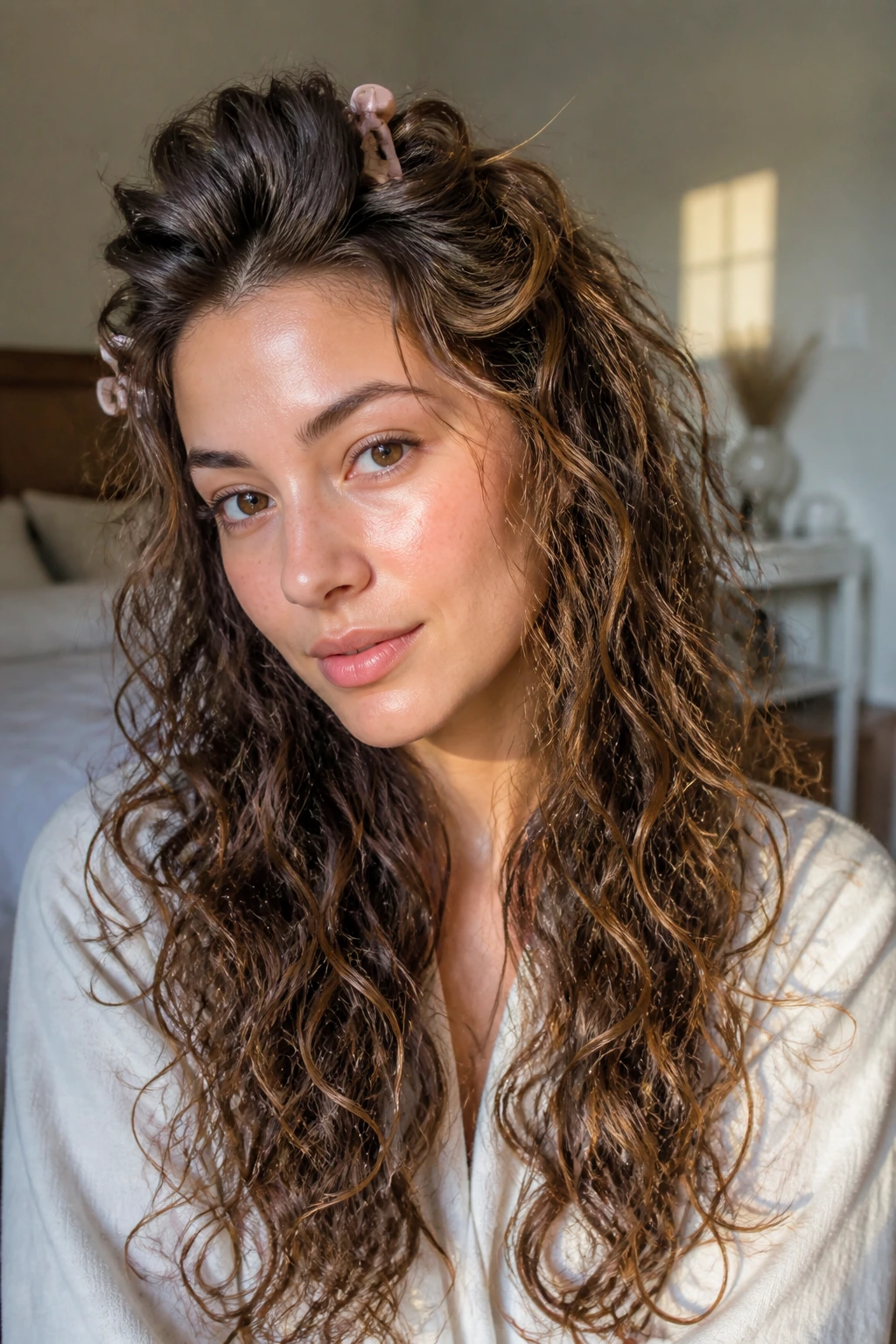 Real person with defined wavy curls held by clips at the crown, side-lit in a cozy room
