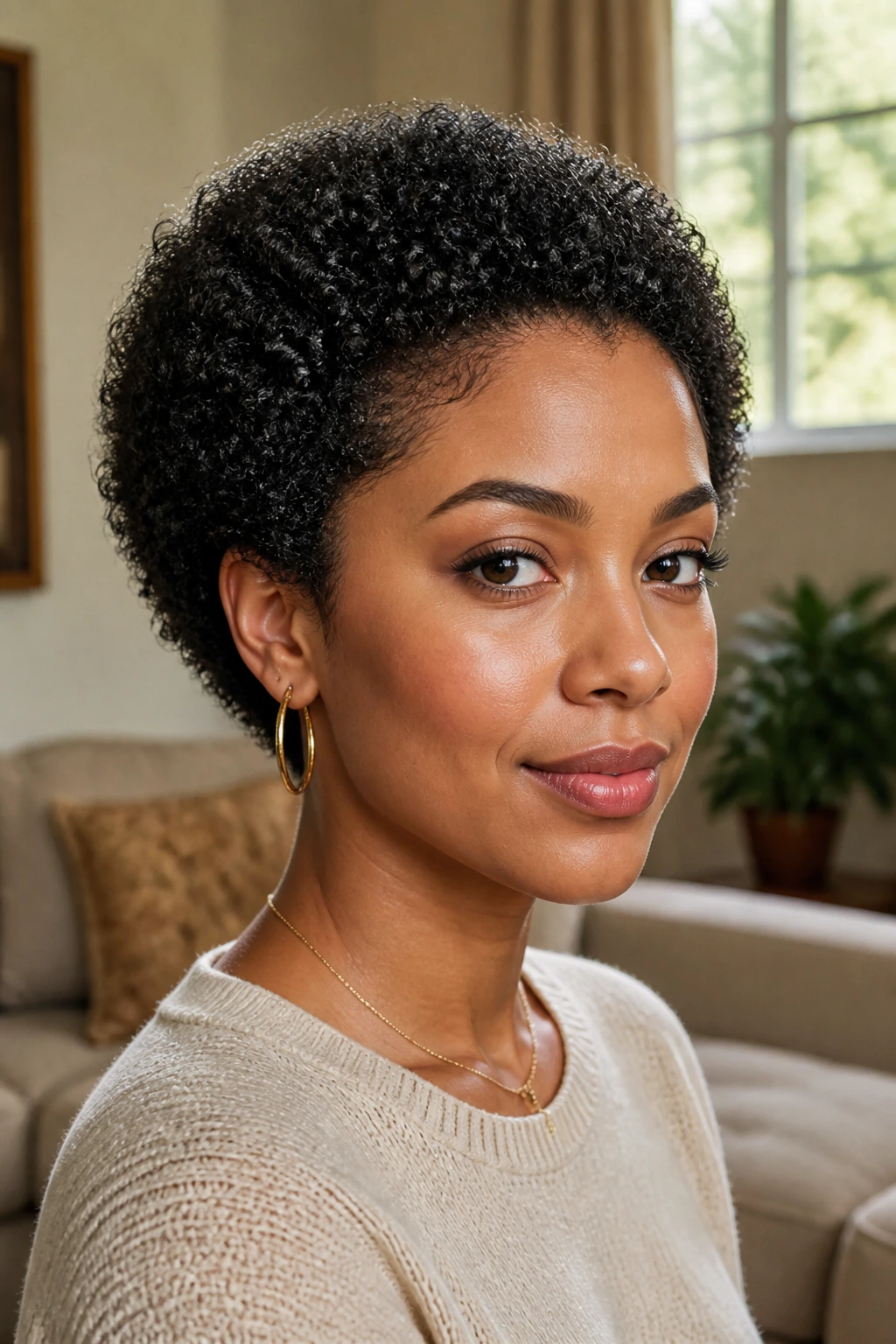 Close-up of a real person with a clearly defined mini afro
