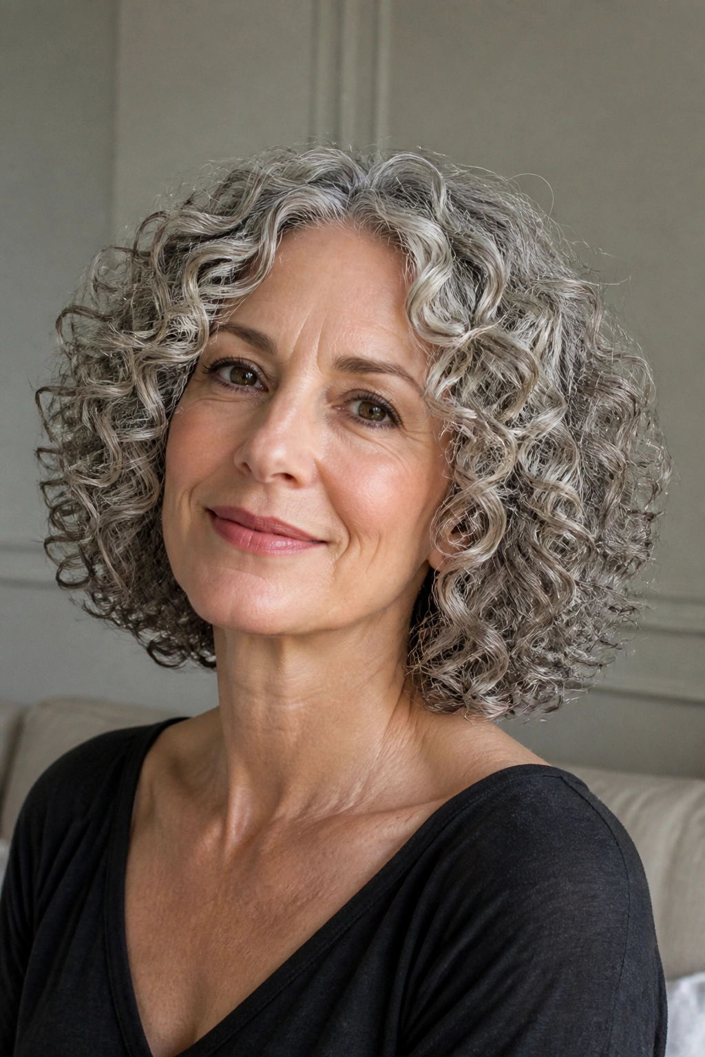 Portrait of a real woman with a defined ringlet bob and crisp curls.