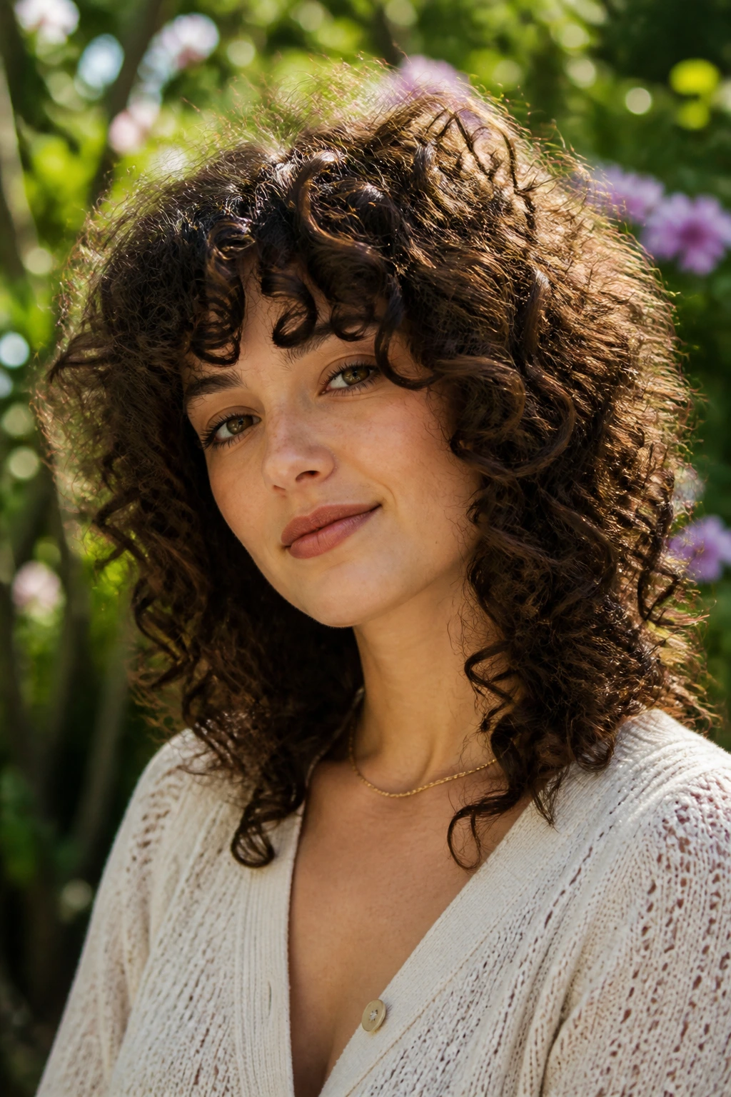 Close-up of real woman with defined ringlet shag curls outdoors in sunlight.