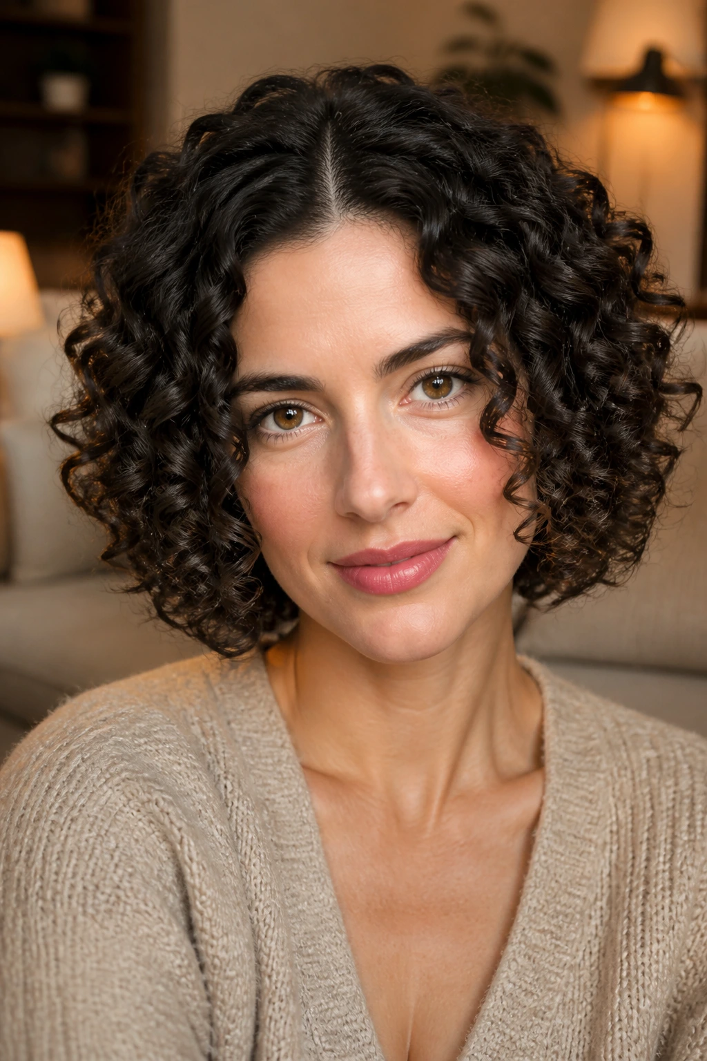 Close-up of a real woman with defined ringlets and center part in soft indoor light