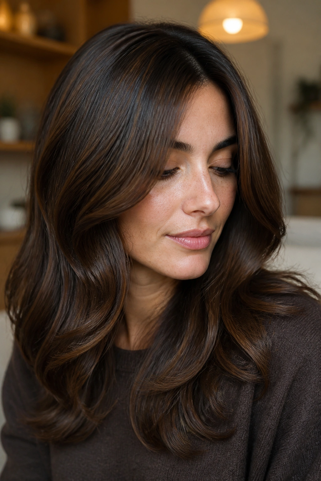 Close-up of a real woman with glossy brunette hair and dimensional brown tones