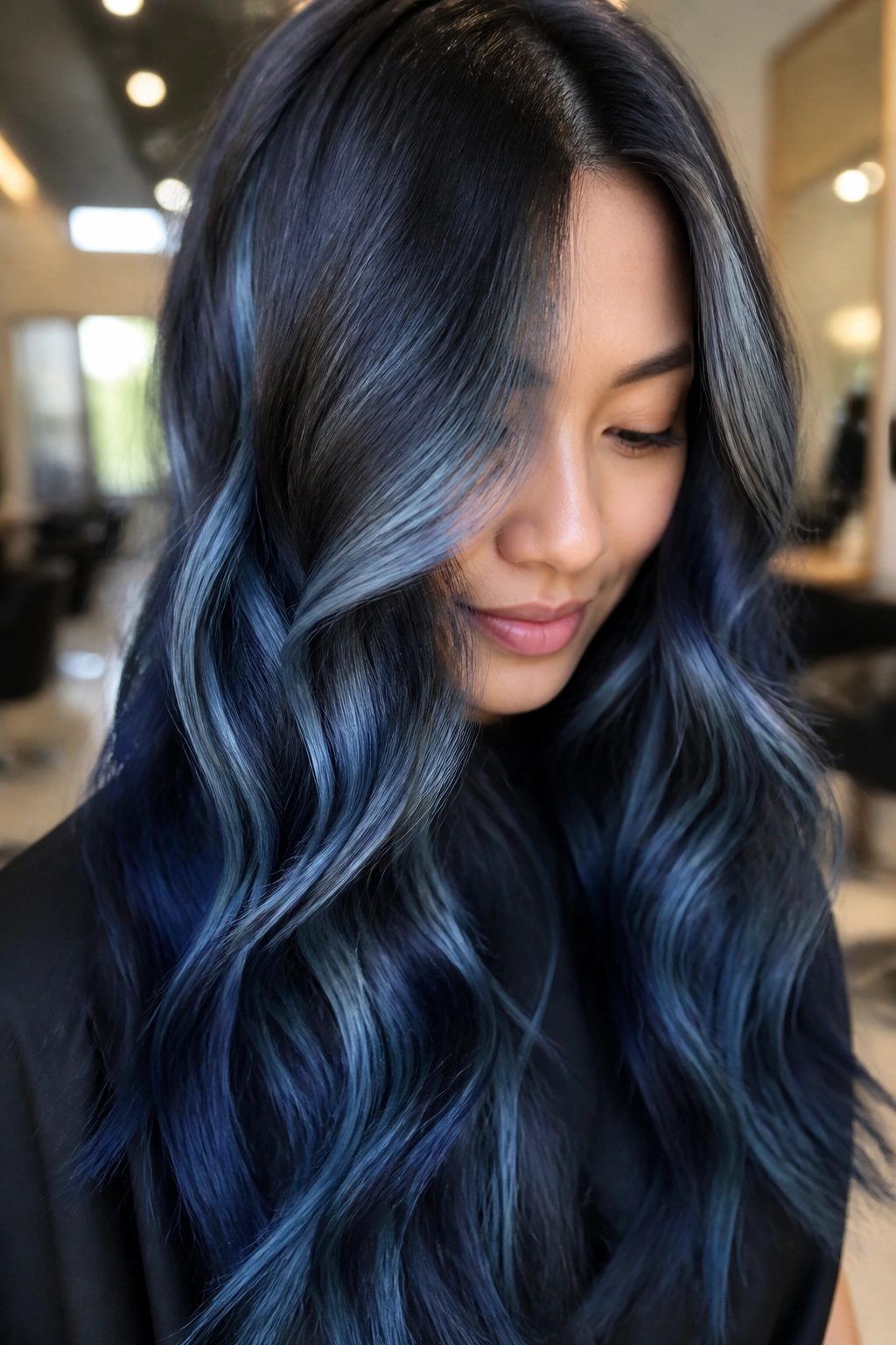Close-up of long hair with denim blue balayage in a stylish salon setting.