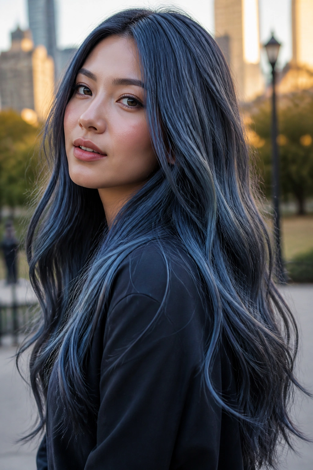 Close-up portrait of a real woman with denim smoke hair in an urban park