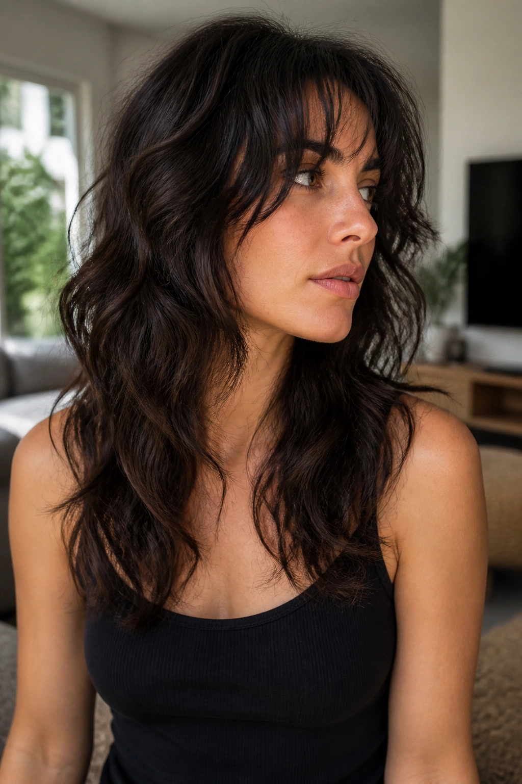 Real woman with dense 2B hair sliced for lighter weight and movement