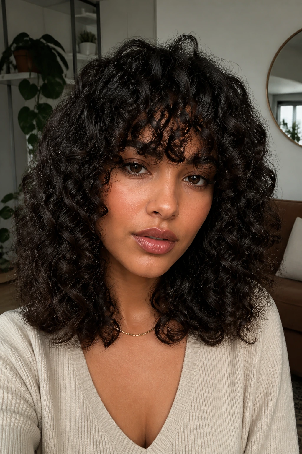 Close-up of a person with a heavy dense fringe for thick curls.